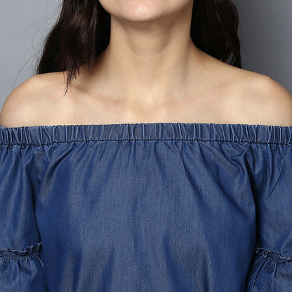 Women's Denim Off Shoulder Tier Sleeve Dress