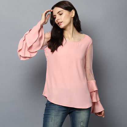 Women's Pink Net Multi Tier Sleeve Top