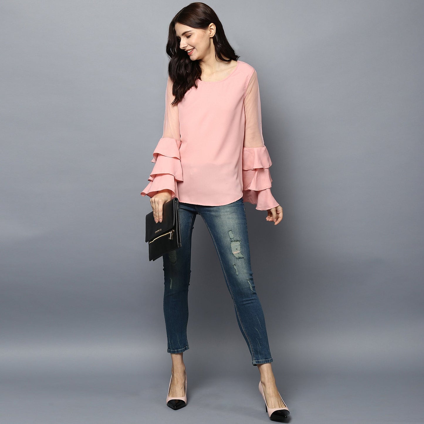 Women's Pink Net Multi Tier Sleeve Top