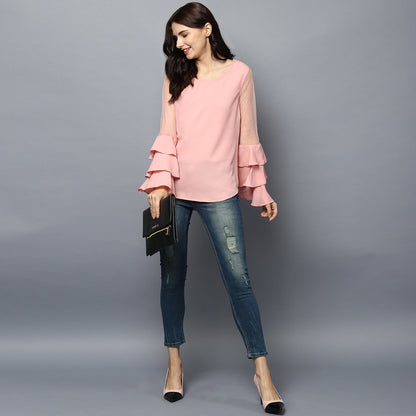 Women's Pink Net Multi Tier Sleeve Top