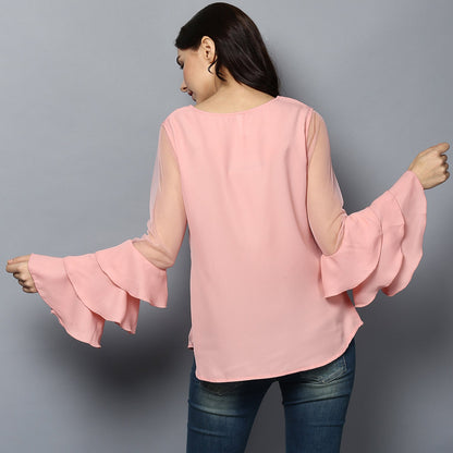 Women's Pink Net Multi Tier Sleeve Top