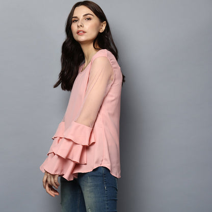 Women's Pink Net Multi Tier Sleeve Top