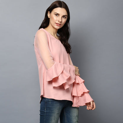 Women's Pink Net Multi Tier Sleeve Top
