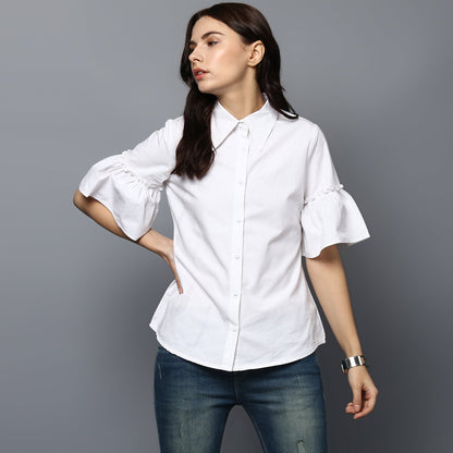 women's White Cotton Bell Sleeve Top