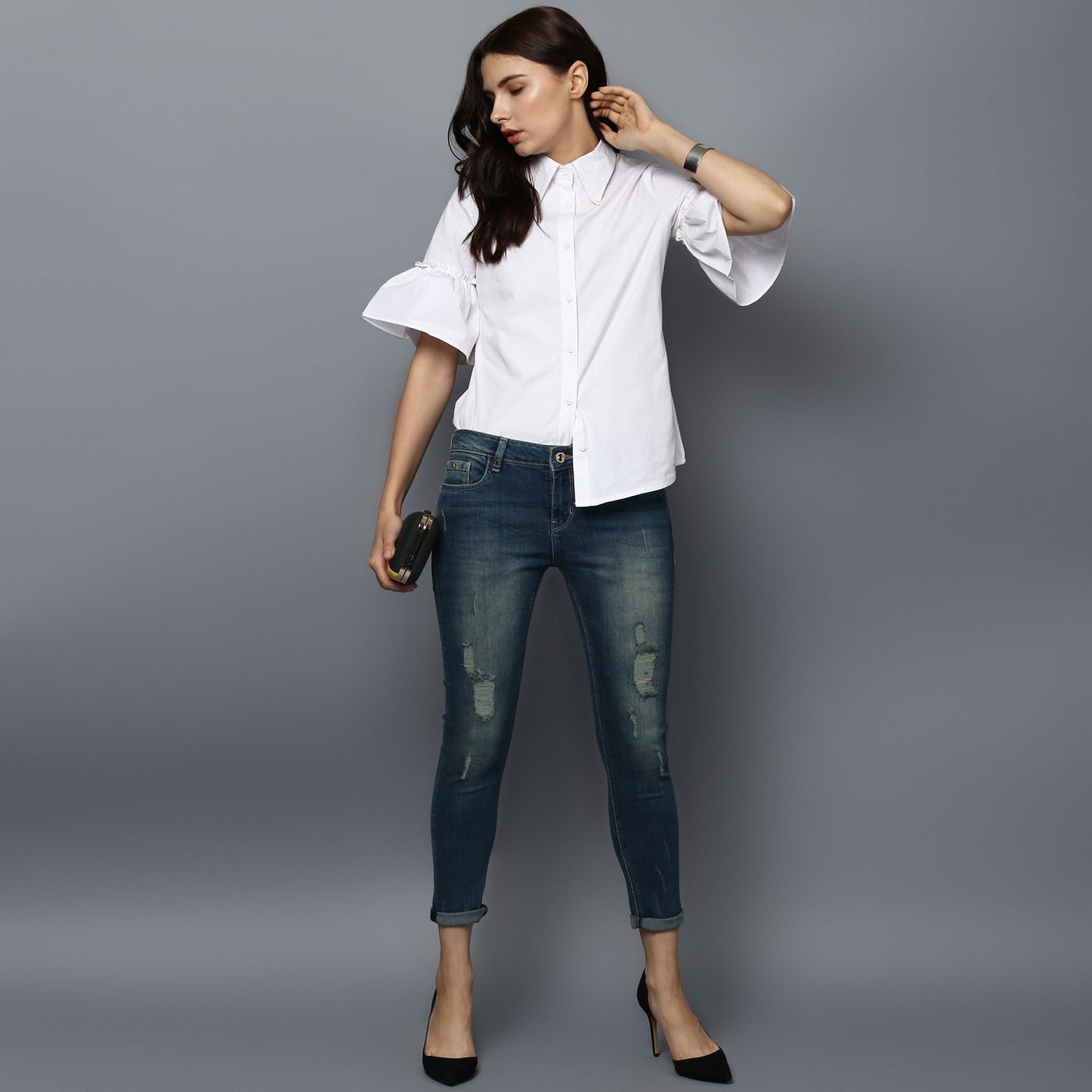 women's White Cotton Bell Sleeve Top