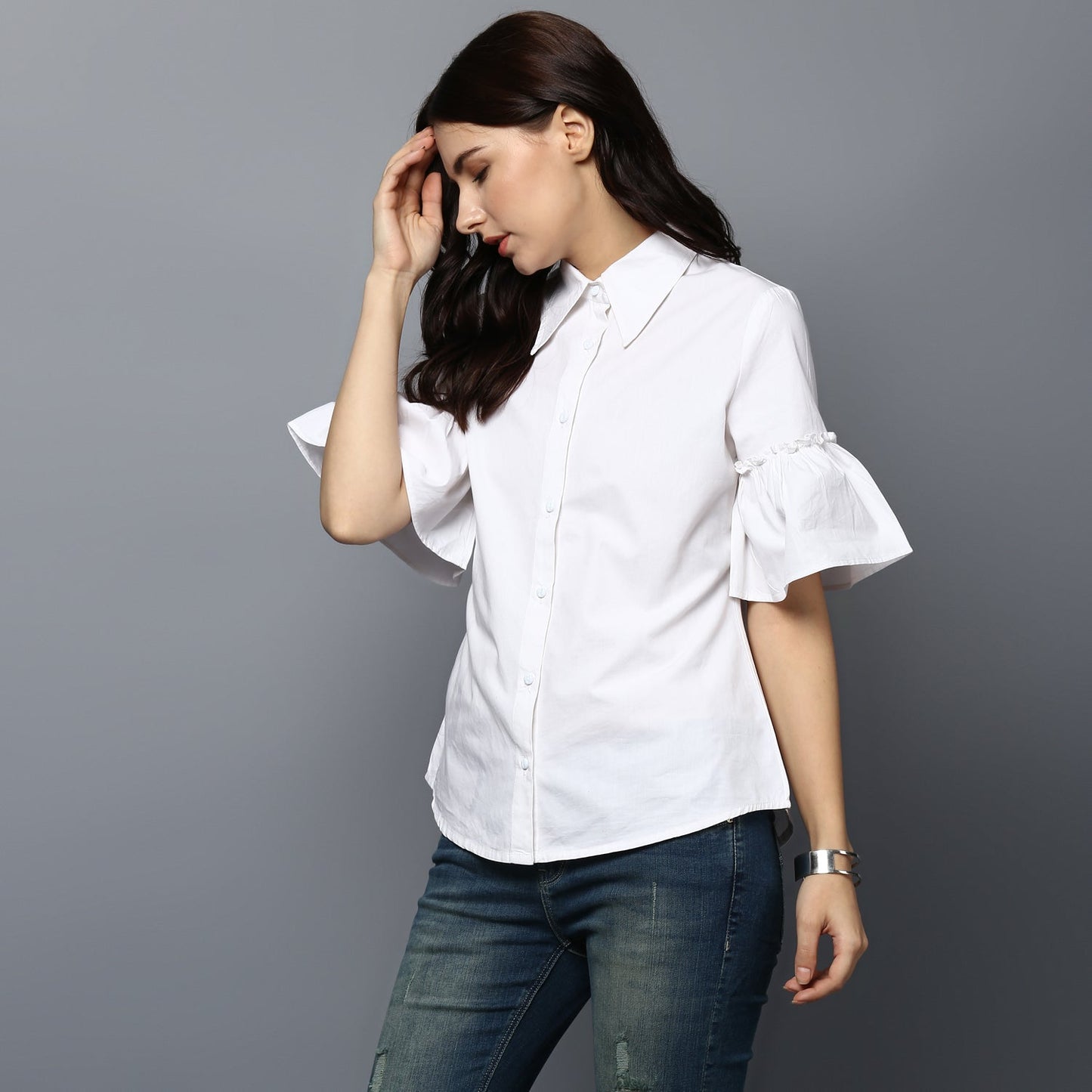 women's White Cotton Bell Sleeve Top
