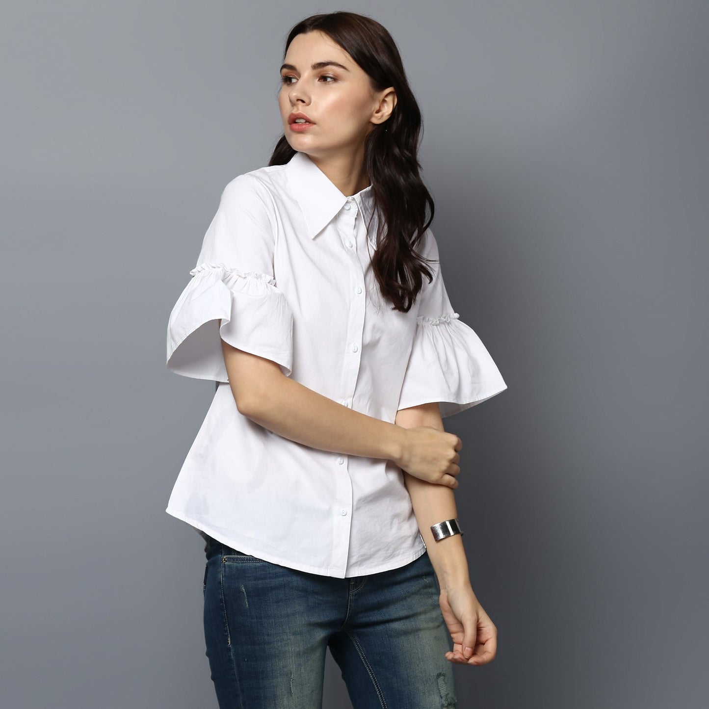 women's White Cotton Bell Sleeve Top
