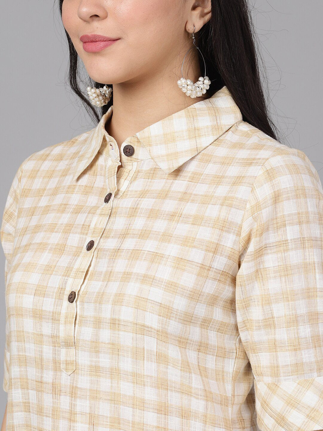 Women's  Cream-Coloured & White Checked Yarn Dyed Pathani Kurta