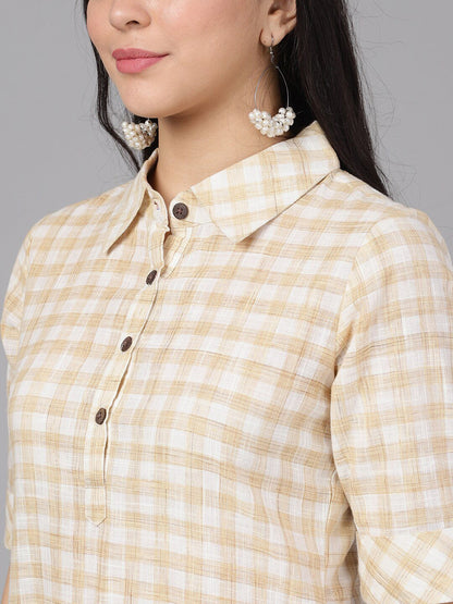 Women's  Cream-Coloured & White Checked Yarn Dyed Pathani Kurta