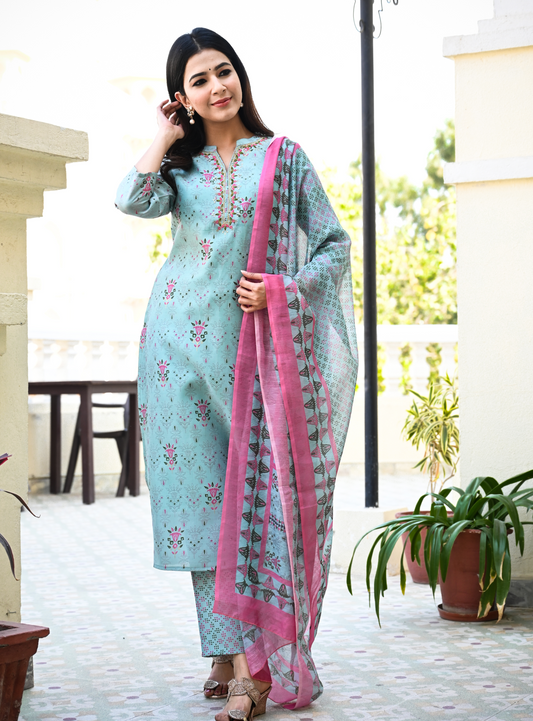 Women's Blue Handblock Dupatta Set