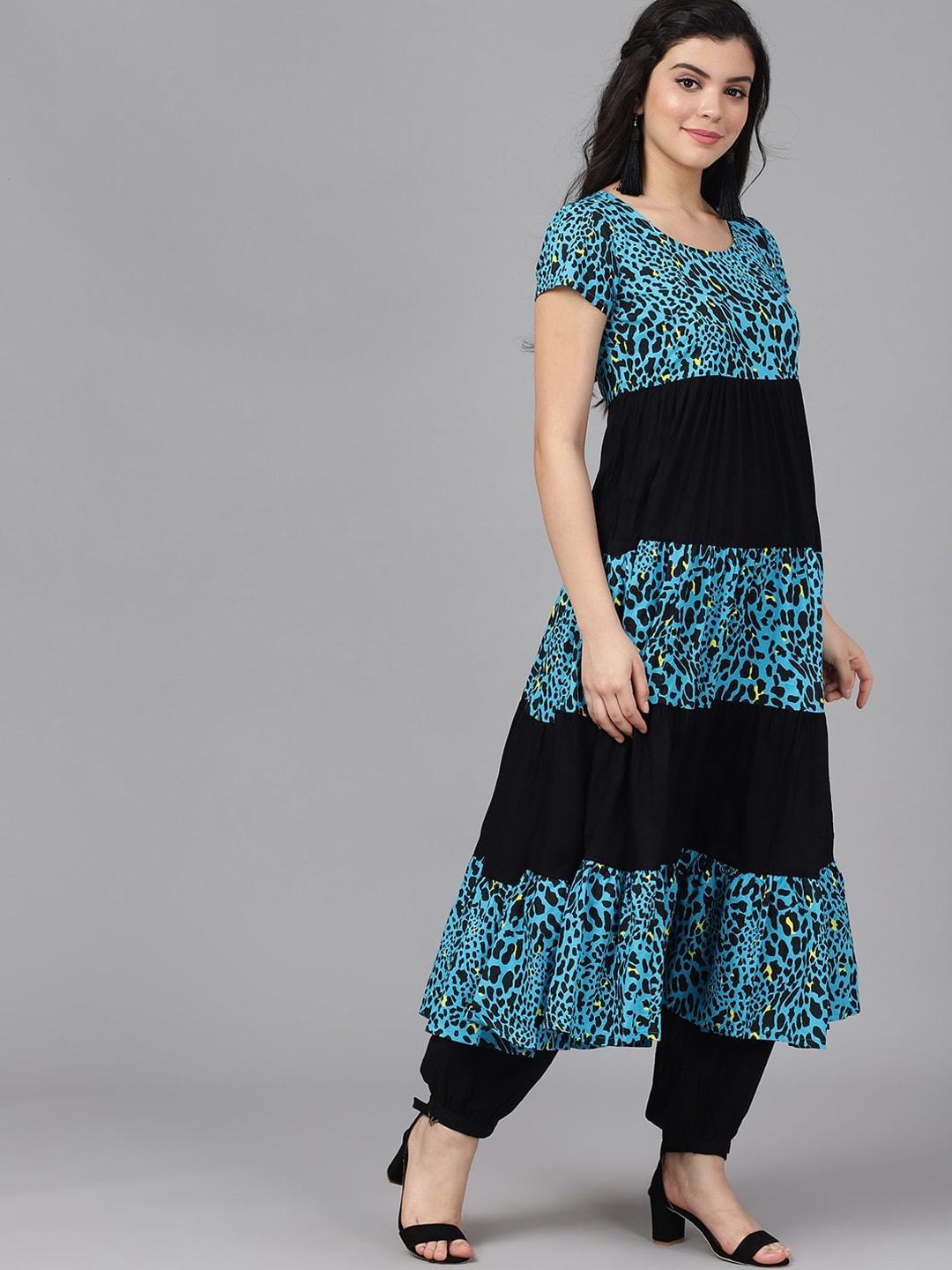 Women's  Blue & Black Animal Print Anarkali Kurta