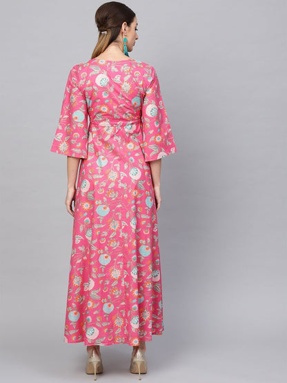 Women's  Printed Pink & Blue Floral Print Maxi Dress