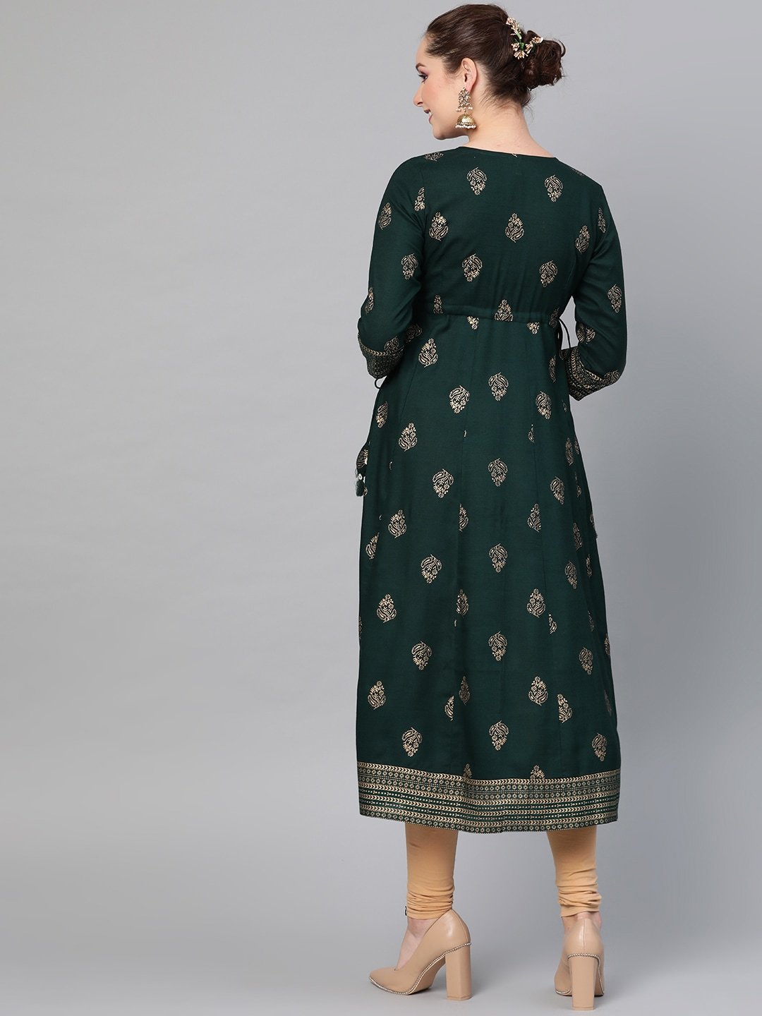Women's  Green & Golden Screen Print A-Line Kurta