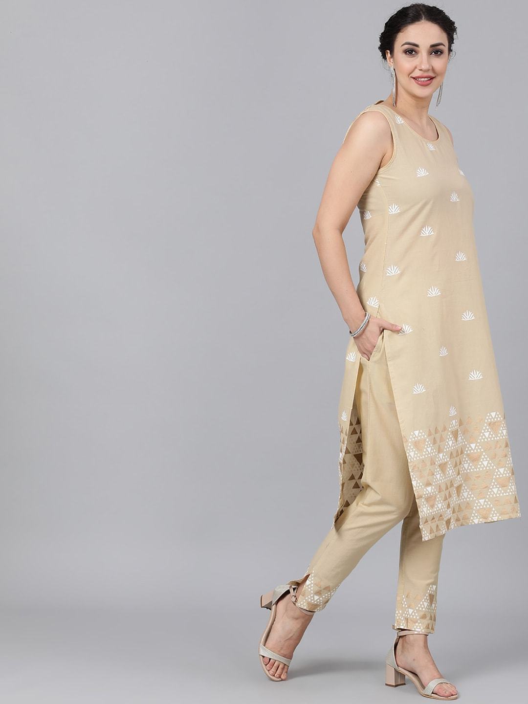Women's  Beige Printed Kurta with Trousers
