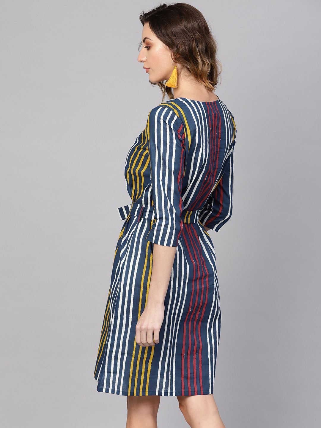 Women's  Blue & Yellow Striped A-Line Dress