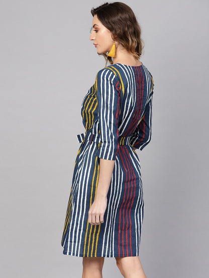 Women's  Blue & Yellow Striped A-Line Dress