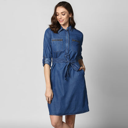 Women's Denim Double Pocket Zip Dress