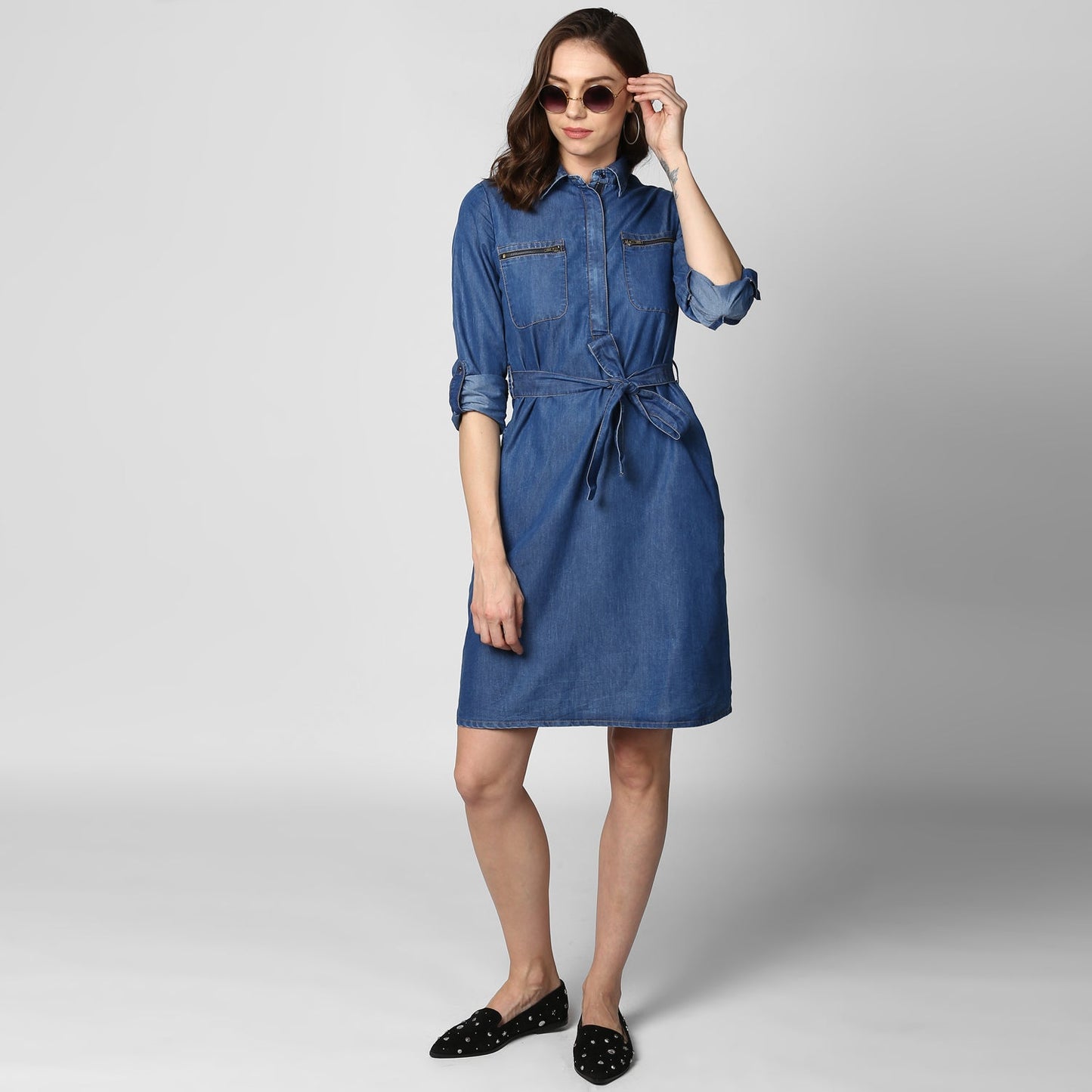 Women's Denim Double Pocket Zip Dress