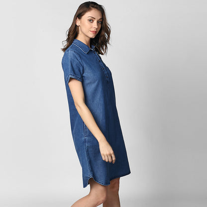 Women's Blue Denim Front Button Shirt Dress