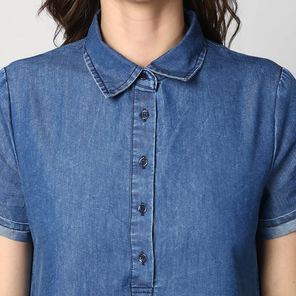 Women's Blue Denim Front Button Shirt Dress