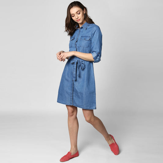 Women's Blue Denim Double Pocket Double Flap Dress