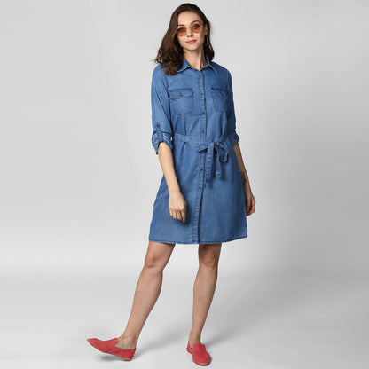 Women's Blue Denim Double Pocket Double Flap Dress