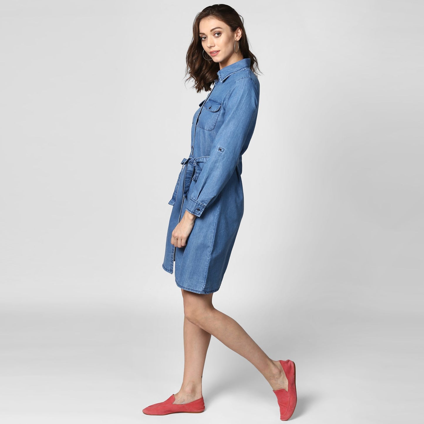 Women's Blue Denim Double Pocket Double Flap Dress