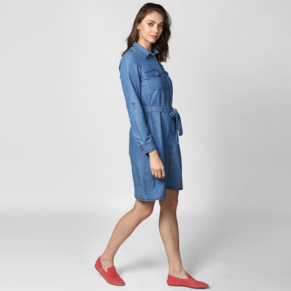 Women's Blue Denim Double Pocket Double Flap Dress