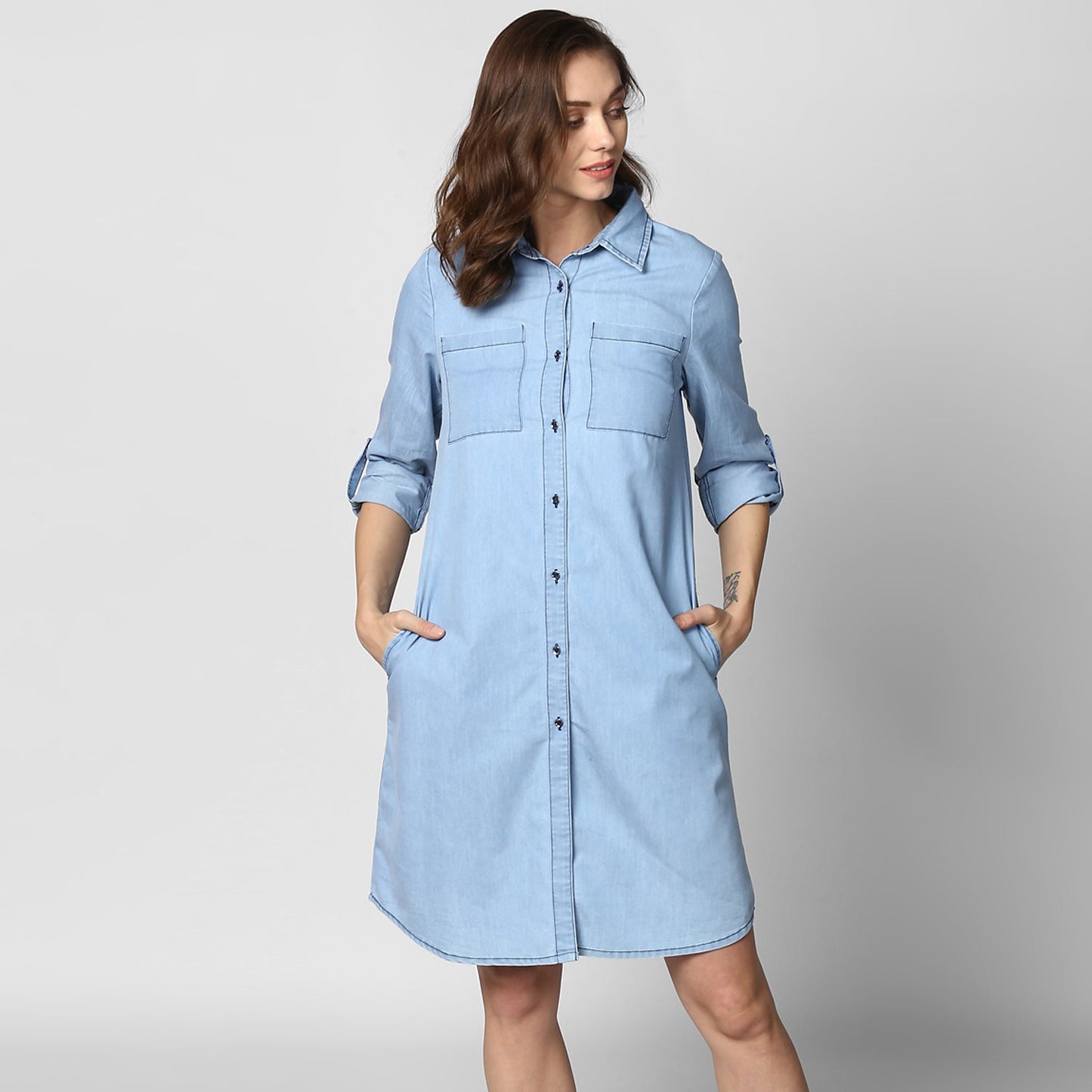 Women's Light Blue Denim Double Pocket Double Flap Dress
