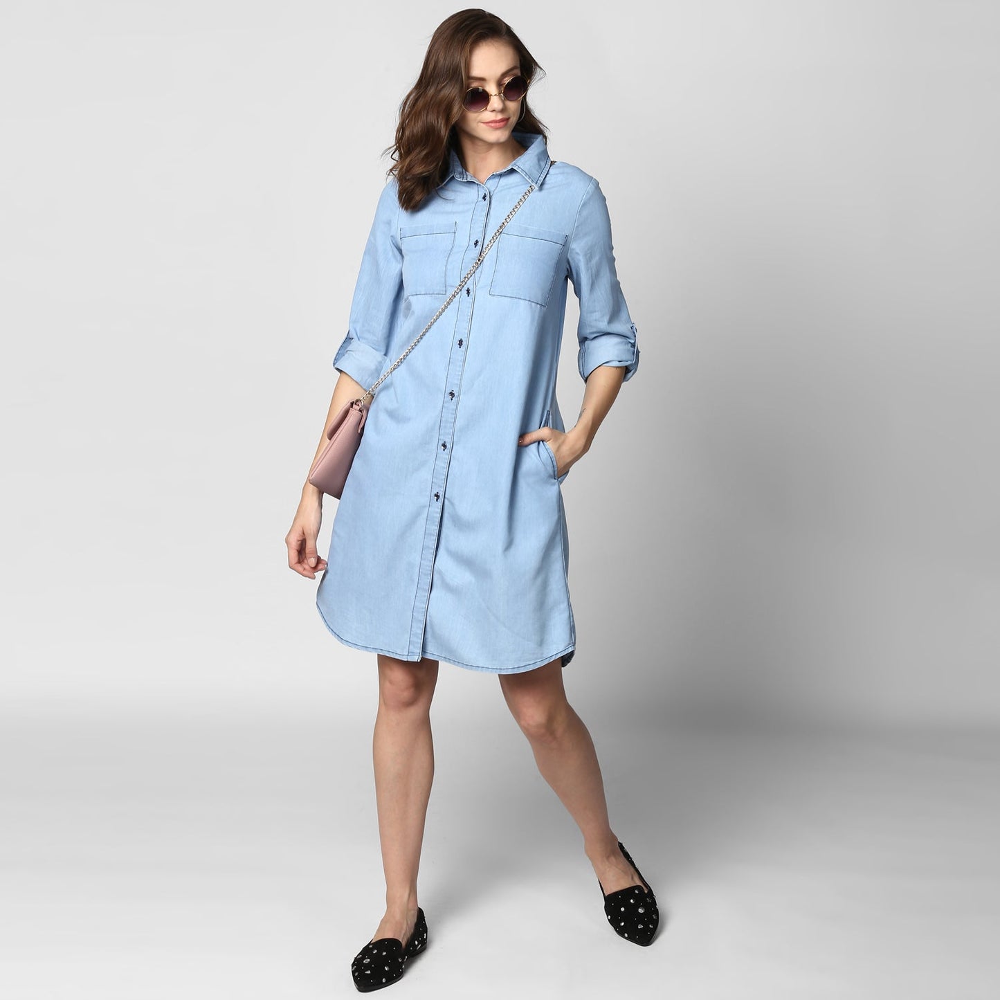 Women's Light Blue Denim Double Pocket Double Flap Dress