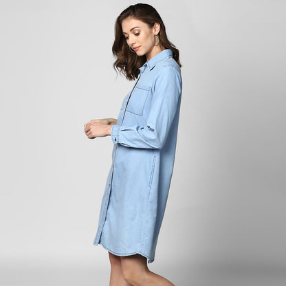 Women's Light Blue Denim Double Pocket Double Flap Dress