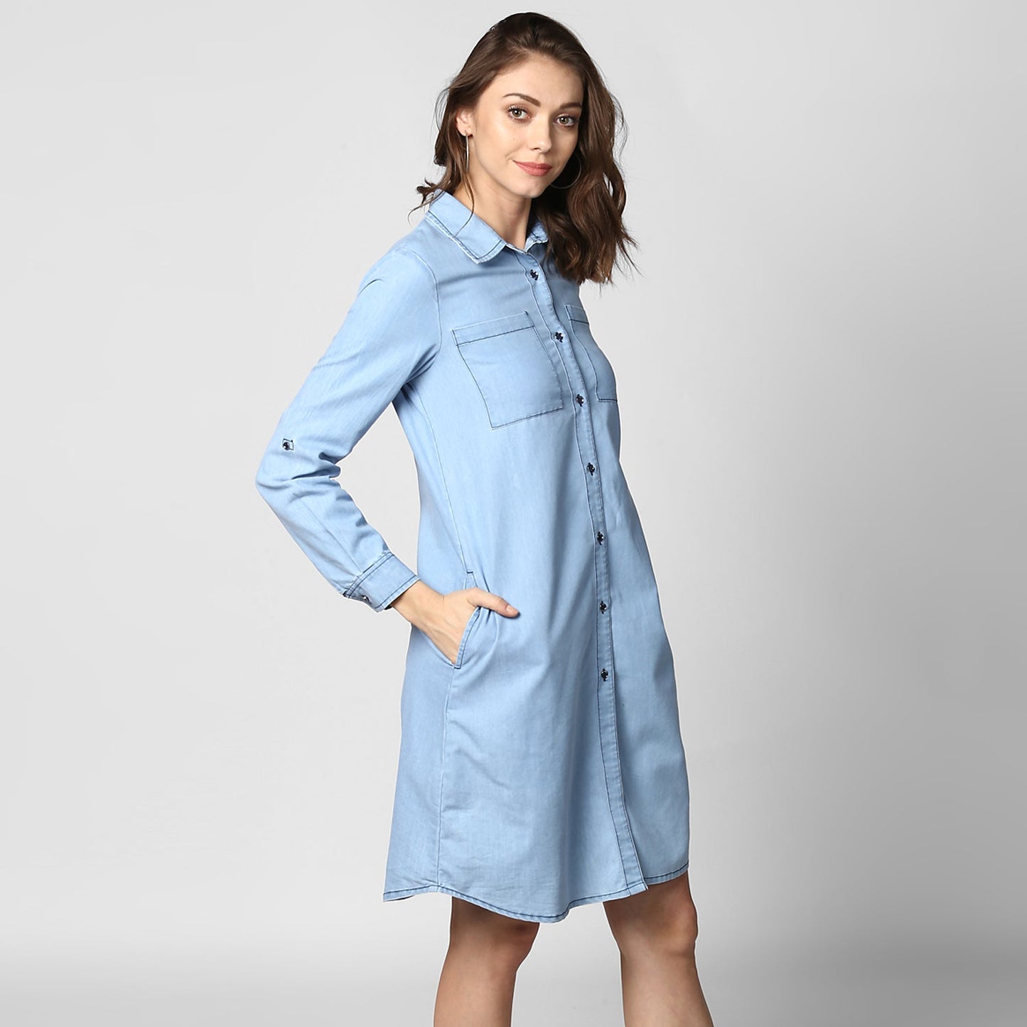 Women's Light Blue Denim Double Pocket Double Flap Dress