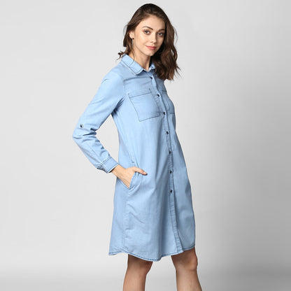 Women's Light Blue Denim Double Pocket Double Flap Dress