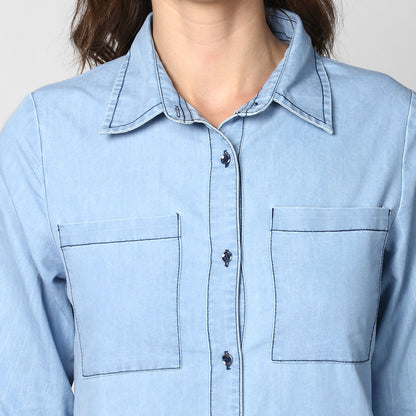 Women's Light Blue Denim Double Pocket Double Flap Dress