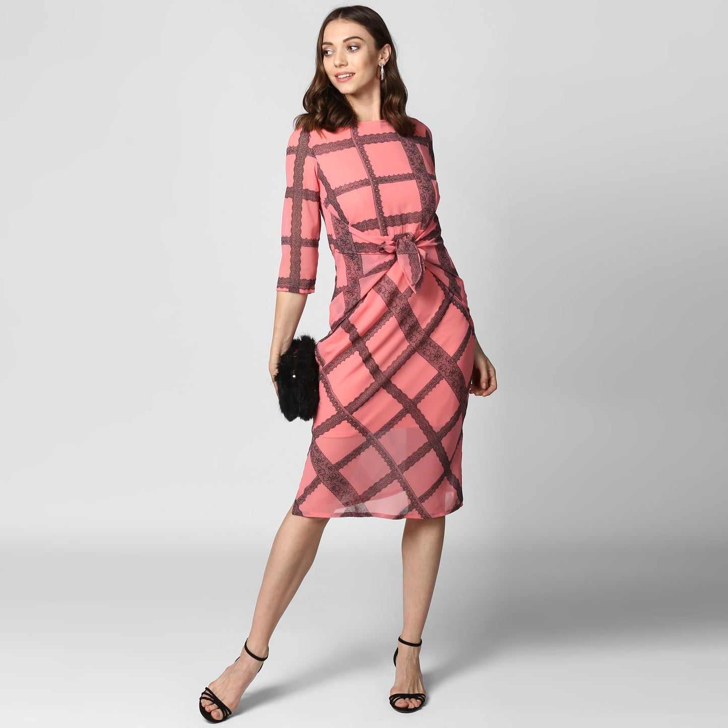 Women's Pink Check Waist Tie Up Polyester Dress with Lining