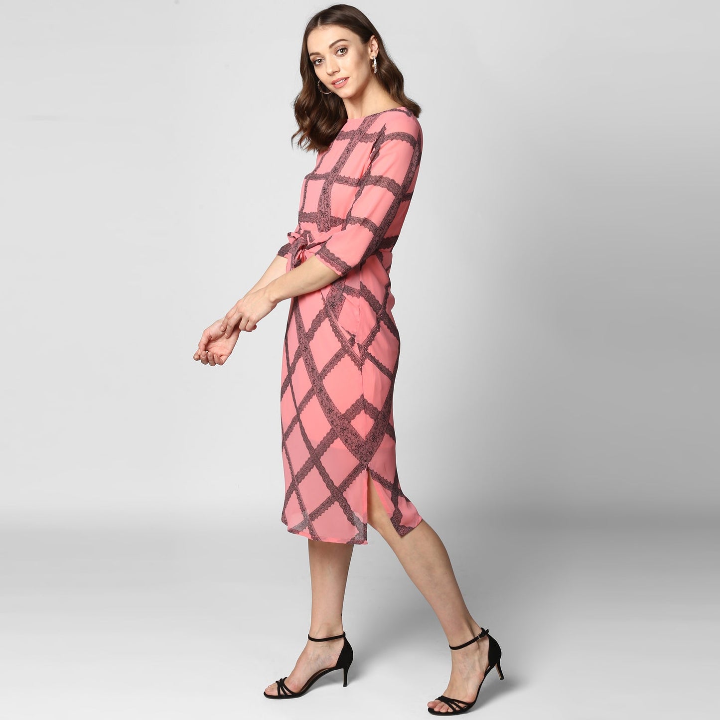 Women's Pink Check Waist Tie Up Polyester Dress with Lining