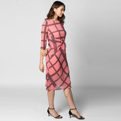 Women's Pink Check Waist Tie Up Polyester Dress with Lining