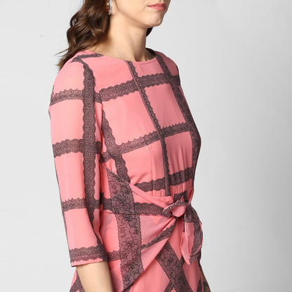 Women's Pink Check Waist Tie Up Polyester Dress with Lining