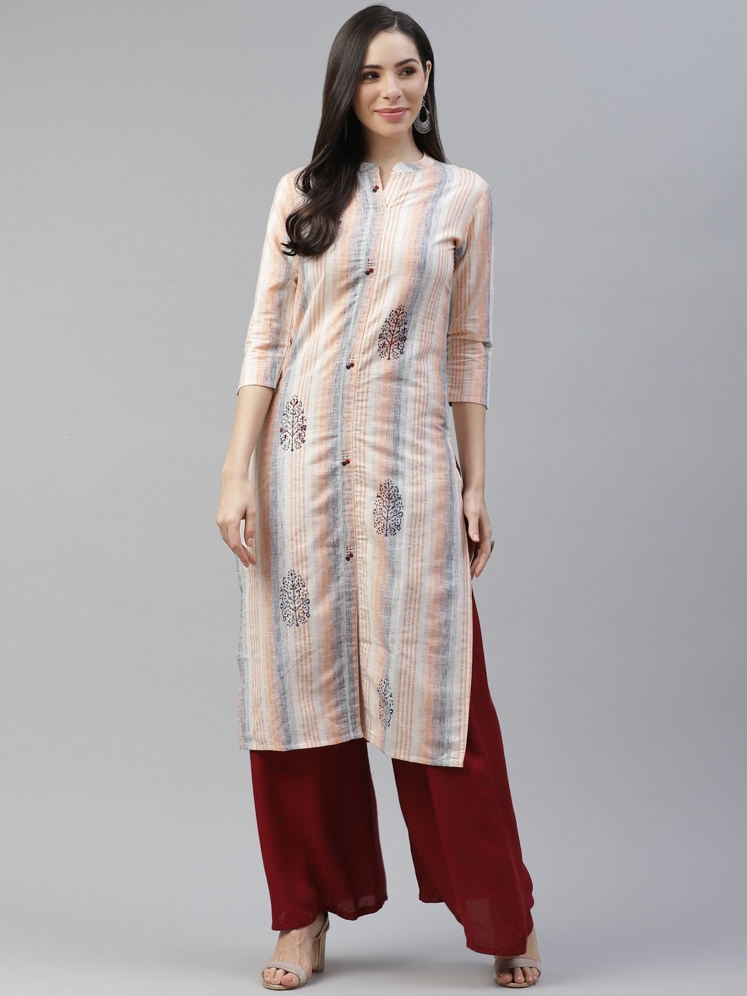 Women's Peach & Blue Striped Kurta