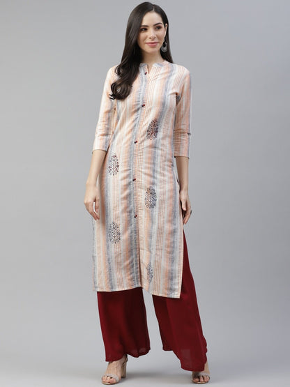 Women's Peach & Blue Striped Kurta