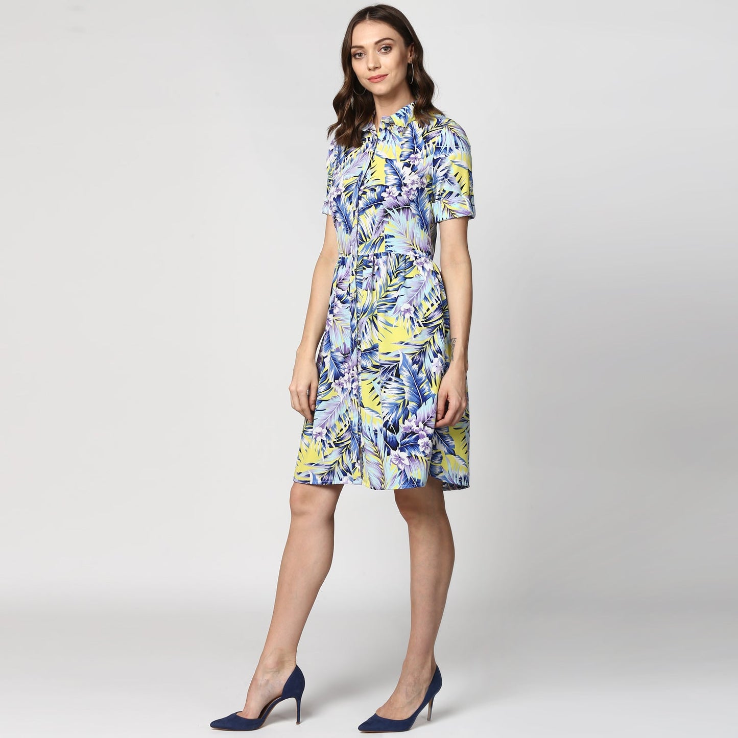 Women's Blue Printed Polyester Dress