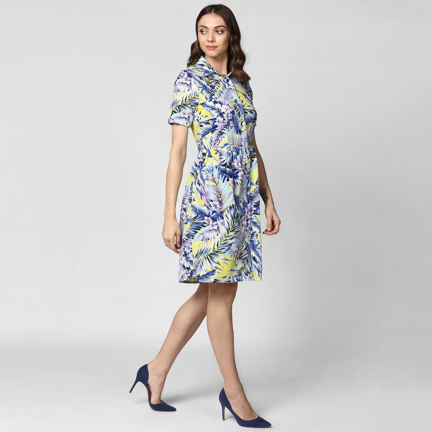 Women's Blue Printed Polyester Dress