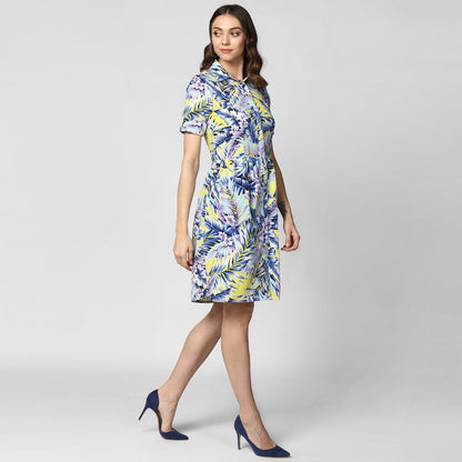 Women's Blue Printed Polyester Dress