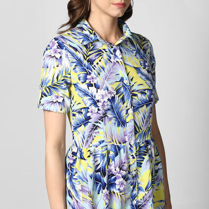 Women's Blue Printed Polyester Dress