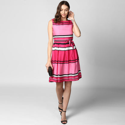 Women's Pink Satin Stripe Dress with Belt