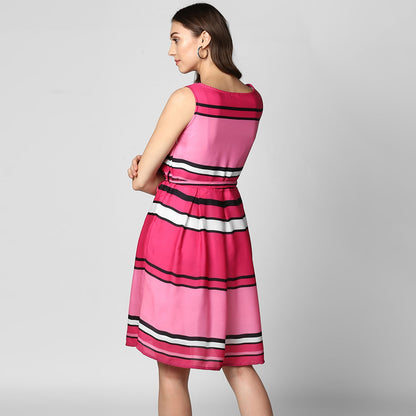 Women's Pink Satin Stripe Dress with Belt
