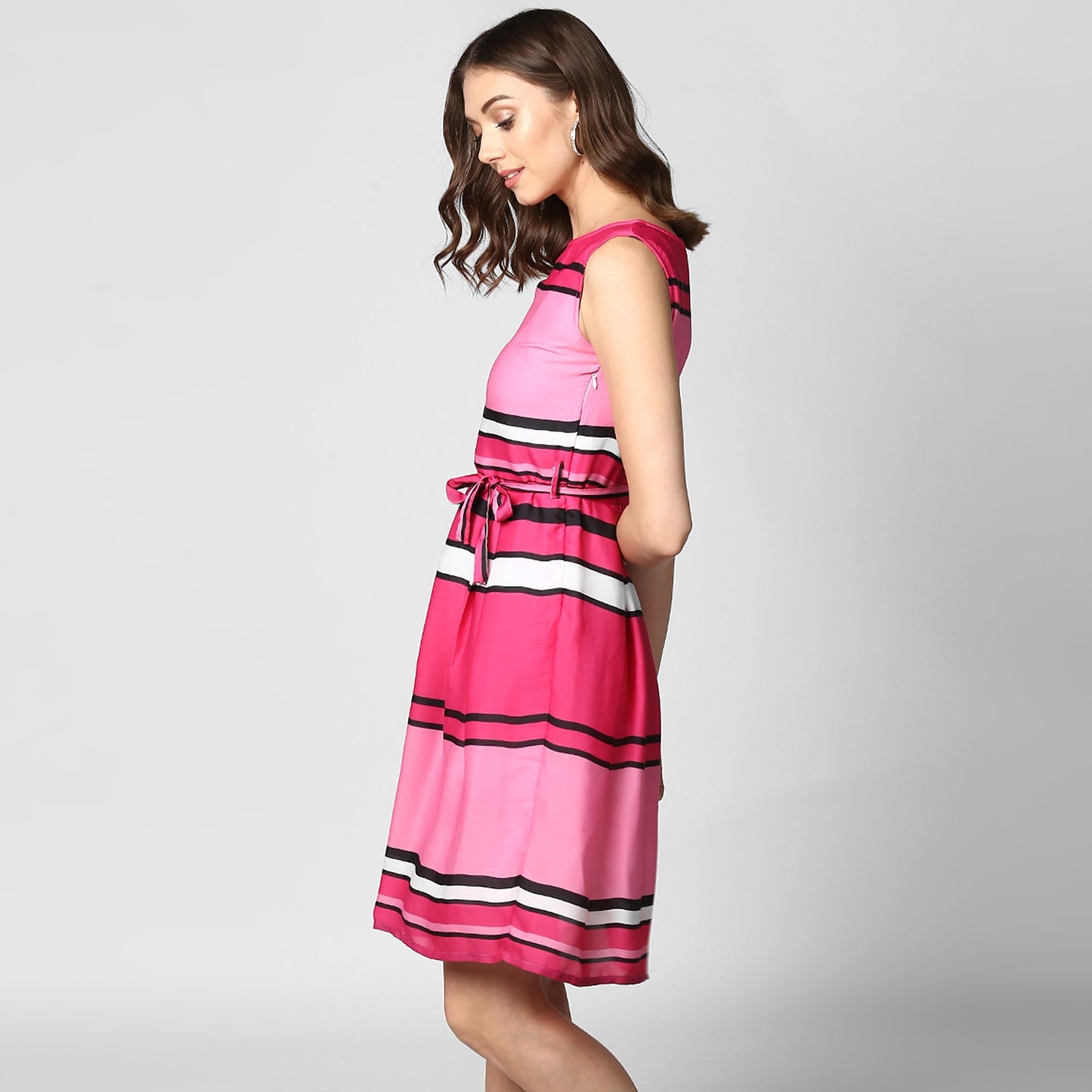 Women's Pink Satin Stripe Dress with Belt