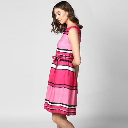 Women's Pink Satin Stripe Dress with Belt