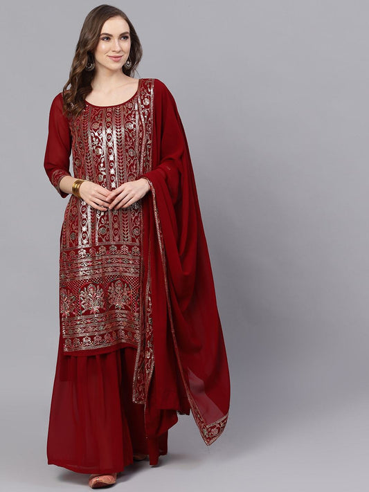 Women's  Maroon & Gold-Coloured Embroidered Kurta with Skirt & Dupatta