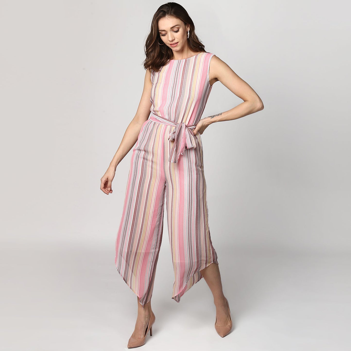 Women's Pink Stripe Asymmetric Hemline Jumpsuit
